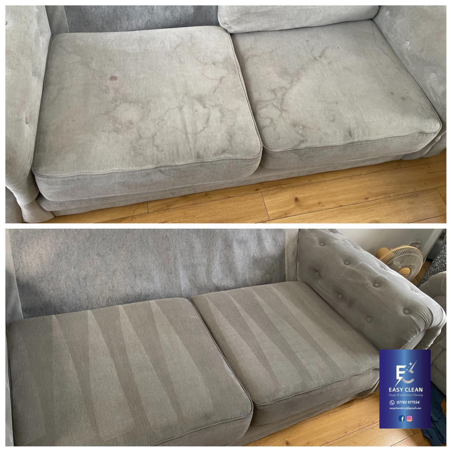 Badly stained sofa after a deep clean