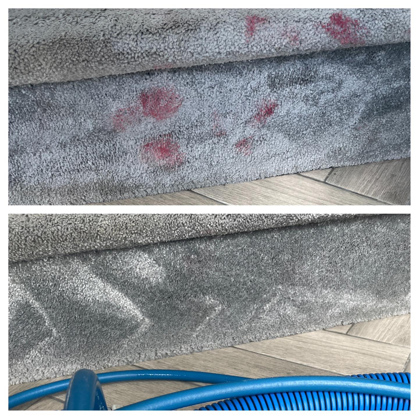 Red stain on carpet stairs removed